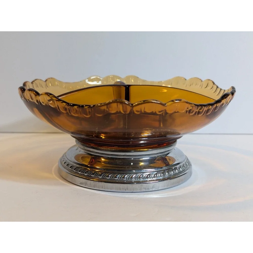 Vintage Farber Bros Krome Kraft  Glass Divided Dish Bowl Amber‎